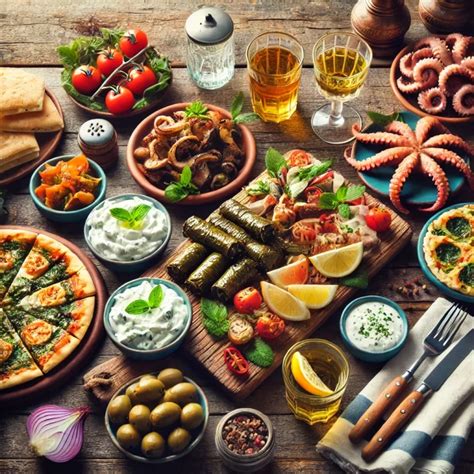 Un assortimento di mezedes greche, tra cui tzatziki, melitzanosalata e saganaki.