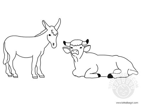 Illustrazione di un asinello e un bue che si rifugiano in una capanna