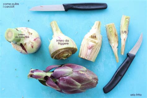 Infografica sulla pulizia dei carciofi, con indicazioni per rimuovere foglie esterne, spine e peluria.