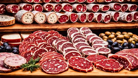Selezione di diversi tipi di salami italiani affettati