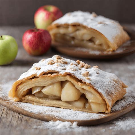 Una fetta di strudel di mele con ripieno visibile e decorazione di zucchero a velo