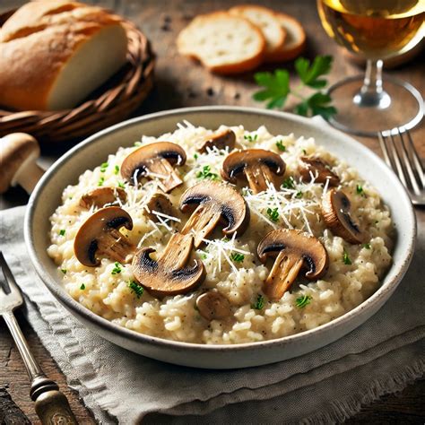 Preparazione degli ingredienti per il risotto: funghi puliti e affettati, prosciutto tagliato a listarelle, scalogno tritato