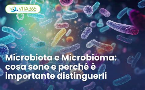 Infografica che illustra la differenza tra microbiota e microbioma, mostrando i vari tipi di microrganismi e il loro habitat.