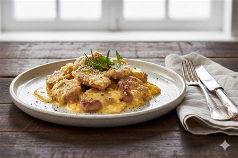Un piatto di agnello cacio e ova fumante, con la sua caratteristica cremina gialla.