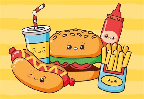 Illustrazione di un gruppo di cibo kawaii: hamburger, hot dog, patatine, pizza e panino con espressioni felici, pronti per essere colorati.