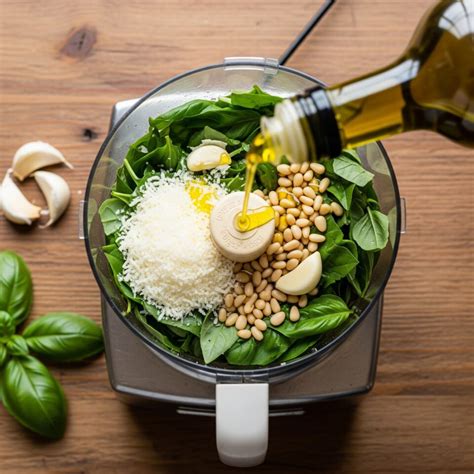 Immagine di un frullatore con finocchio, basilico e pinoli per preparare il pesto