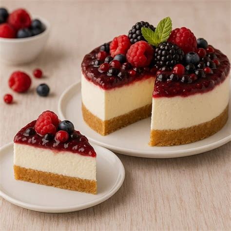 Immagine di una fetta di Cheesecake Giapponese al cioccolato, con topping ai frutti di bosco, che mostra la consistenza soffice e cremosa