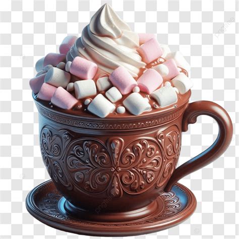 Composizione di una tazza di cioccolata calda fumante con panna montata e marshmallow
