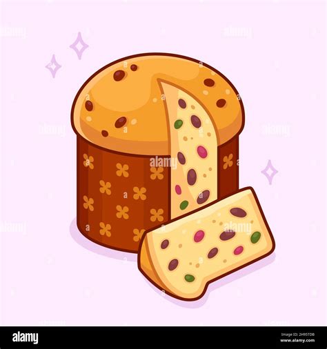 Illustrazione di un panettone tagliato a fette con crema e frutta.