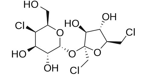 schema che illustra la struttura chimica del sucralosio e la sua differenza con il saccarosio
