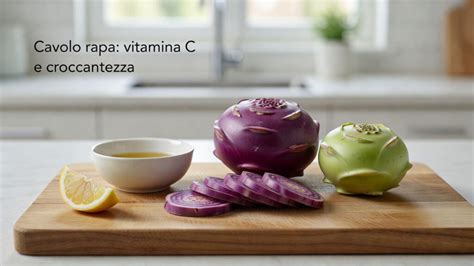 Infografica nutrizionale del cavolo rapa con evidenza di vitamina C, sali minerali, fibre e basso apporto calorico
