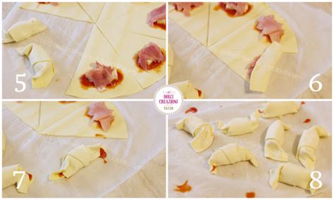 schema con i passaggi per tagliare e arrotolare i triangoli di pasta per formare i cornetti