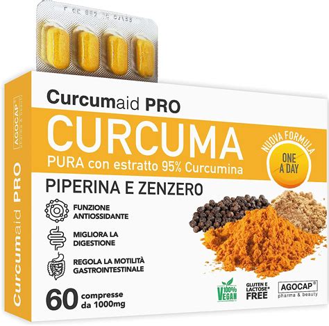 Schema che illustra il basso assorbimento della curcumina da sola e l'incremento con piperina e grassi.