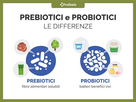 Schema che illustra la differenza tra probiotici e prebiotici e la loro azione nel microbiota intestinale.