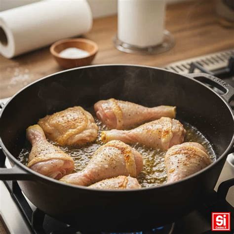 Pezzi di pollo che rosolano in padella creando una crosticina dorata