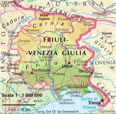 Mappa topografica del Friuli-Venezia Giulia che evidenzia le aree montuose e forestali.