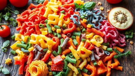Immagine di vari tipi di pasta colorata con ingredienti freschi