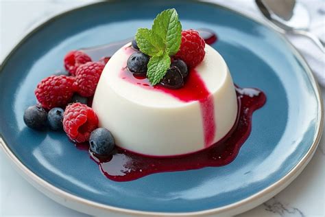 foto di una panna cotta elegante su un piatto da portata con coulis di frutti rossi