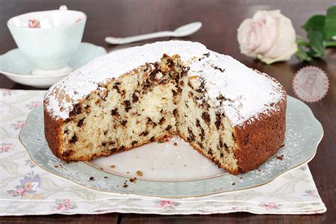 foto di una torta magica alla ricotta con gocce di cioccolato e una spolverata di zucchero a velo