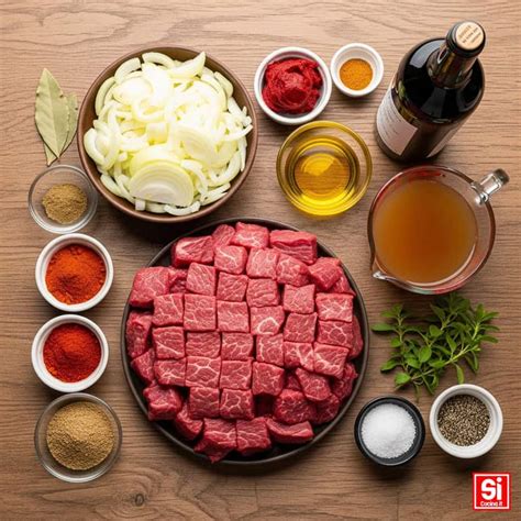 Composizione di ingredienti tipici per il Goulash: paprika, cumino, cipolle, carne di manzo