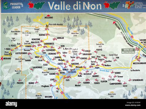 Mappa delle valli del Noce, Val di Non e Val di Sole, evidenziando le aree di coltivazione delle mele Melinda