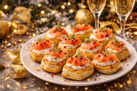 Immagine di un piatto elegante con salmone e formaggio fresco, che evoca un'atmosfera di festa.