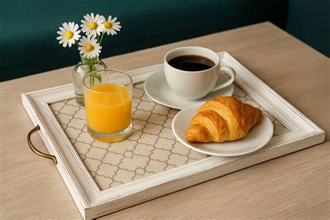Dettaglio di un vassoio da colazione con fiori freschi e una tazza di cappuccino