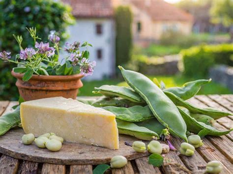composizione di un piatto di fave fresche condite con scaglie di Pecorino Romano, accompagnato da sale grosso