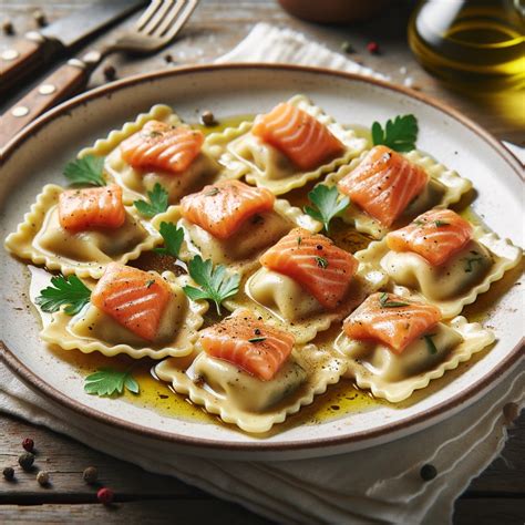 Schema della preparazione dei ravioli al salmone, mostrando la stesura della pasta, la disposizione del ripieno e la chiusura dei ravioli.