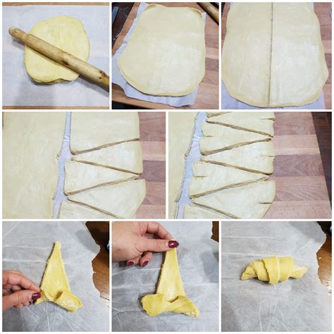 Schema di come arrotolare un triangolo di pasta per formare un cornetto.