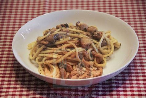 Piatto di strangozzi salsiccia e funghi pronto per essere servito
