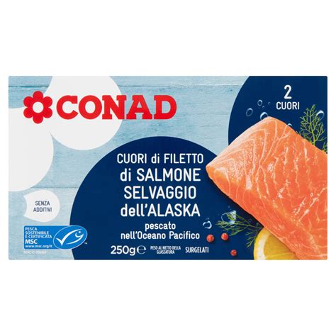 Illustrazione di filetti di salmone selvaggio dell'Alaska surgelati, con certificazione MSC ben visibile.