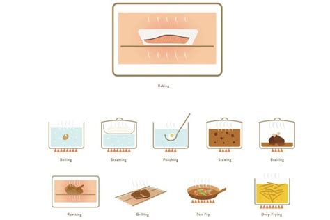 Schema illustrativo dei diversi metodi di cottura del salmone: forno, griglia, pentola e vapore.