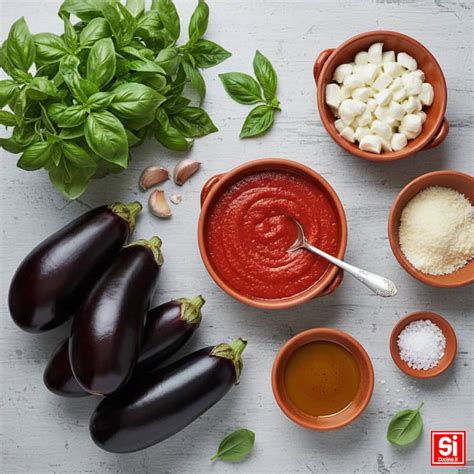 Una selezione di ingredienti freschi per la parmigiana: melanzane viola, pomodori maturi, mozzarella, basilico e Parmigiano Reggiano.
