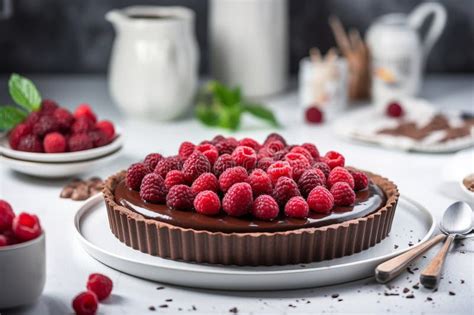 Immagine di una crostata moderna con decorazioni di lamponi e menta