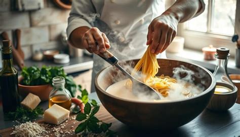 Illustrazione step-by-step su come mantecare la pasta con il sugo per ottenere una consistenza cremosa.