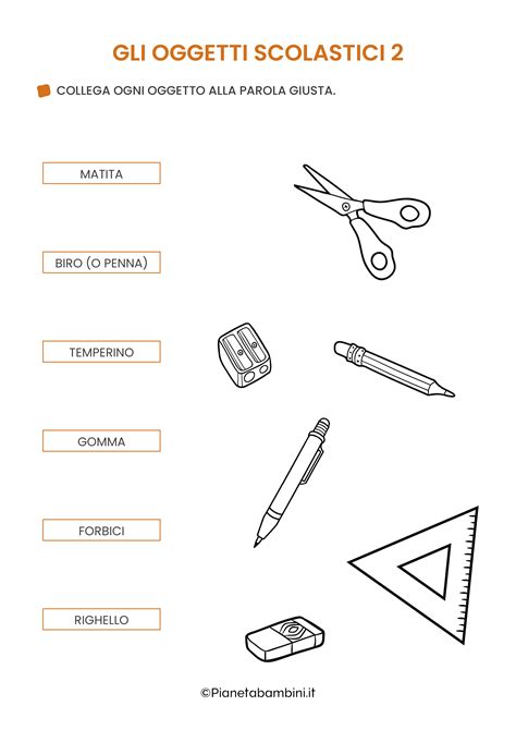 Schema illustrativo delle diverse tipologie di oggetti scolastici e personali che possono essere etichettati con mini adesivi (matite, pennarelli, forbici, astuccio, occhiali, spazzolino da denti, posate).