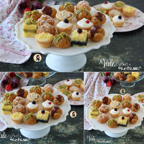 Composizione di diversi pasticcini mignon, tra cui bignè, éclairs e piccole crostatine, disposti su un piatto da portata.