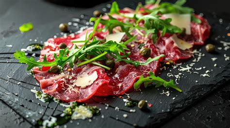 Piatto di carpaccio di manzo marinato, guarnito con rucola e scaglie di parmigiano.