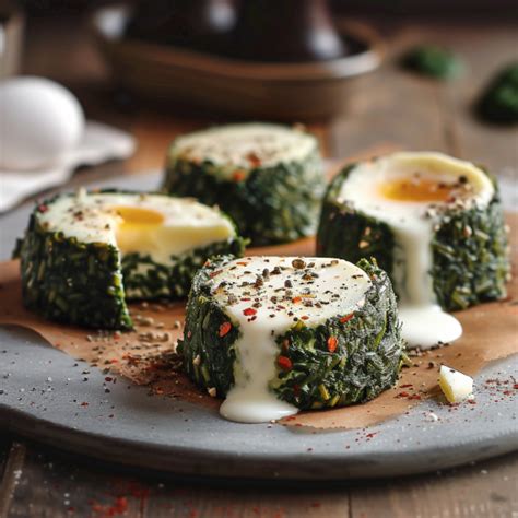 Un piatto di sformatini di spinaci serviti con una crema al formaggio