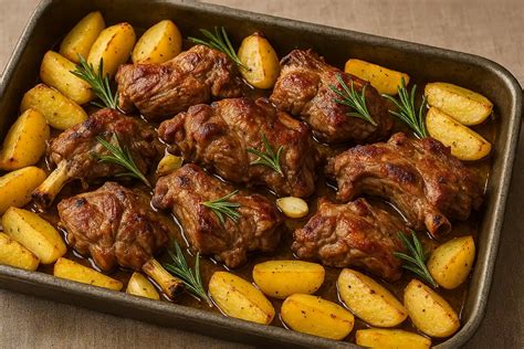 Pirofila con agnello e patate pronti per essere infornati