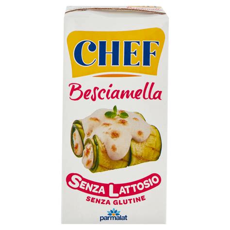 Brochure illustrativa della Besciamella Senza Lattosio Chef con evidenziate le caratteristiche chiave: senza lattosio, senza glutine, cremosa.