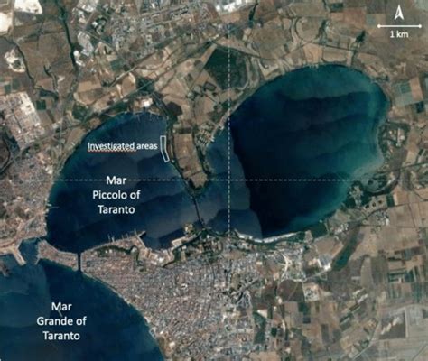 Mappa di Taranto con evidenziati Mar Piccolo e Mar Grande