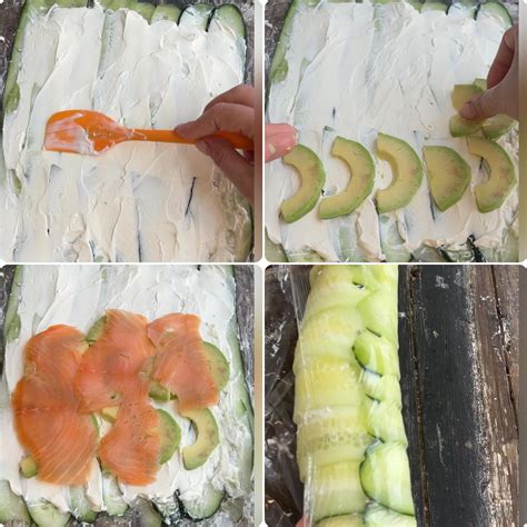 Assemblaggio del rotolo di salmone affumicato e ricotta su pellicola trasparente