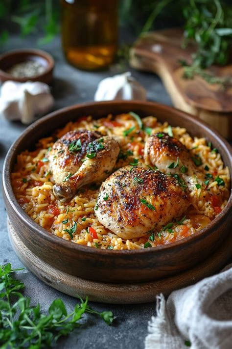 Una padella con orzo cremoso, pollo e pezzi di feta, guarnita con erbe fresche.