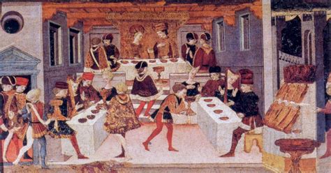 Illustrazione storica di un banchetto medievale con arrosto