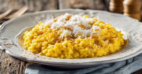 Un primo piano di un risotto alla milanese cremoso, con fili di zafferano visibili e una spolverata di parmigiano.