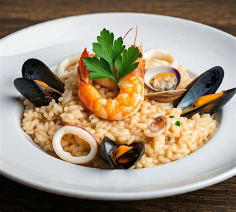 Immagine di un risotto ai frutti di mare con carciofi, impiattato elegantemente