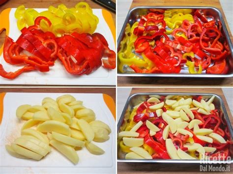 Infografica che illustra i passaggi per tagliare e preparare i peperoni per la cottura al forno
