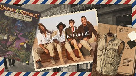 Collage di immagini: una Jeep vintage in un contesto safari, un catalogo Banana Republic d'epoca con illustrazioni esotiche, e un negozio moderno Banana Republic con un'architettura elegante.